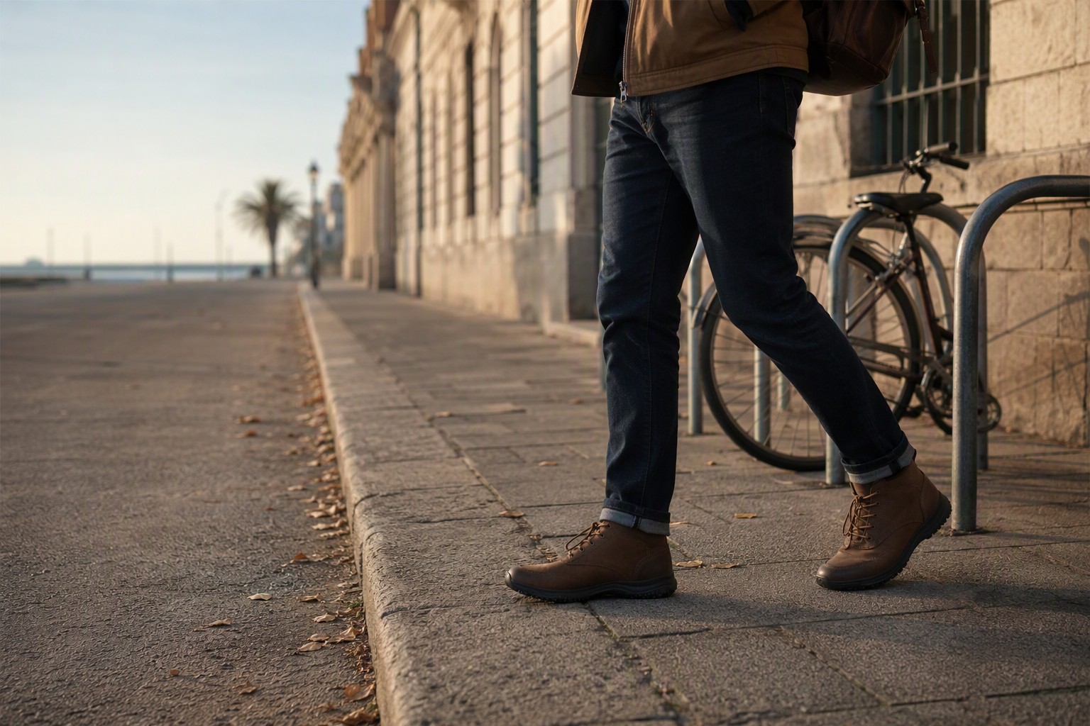 Escena urbana de botas genéricas sin marca